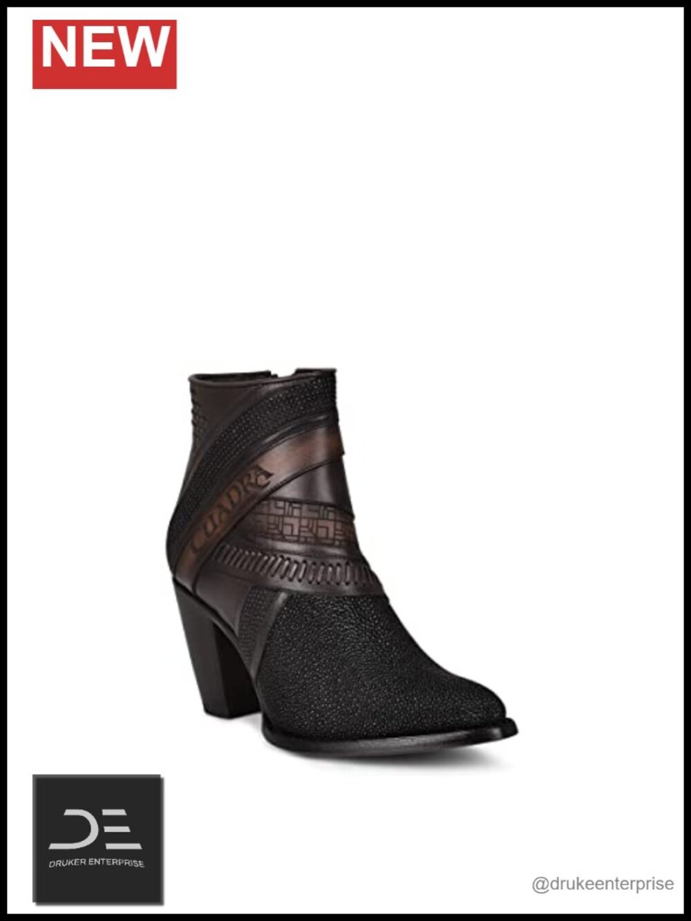 Genuine Stingray Leather Ankle Bootie, Pointed Toe Block Heel, Inner Zip